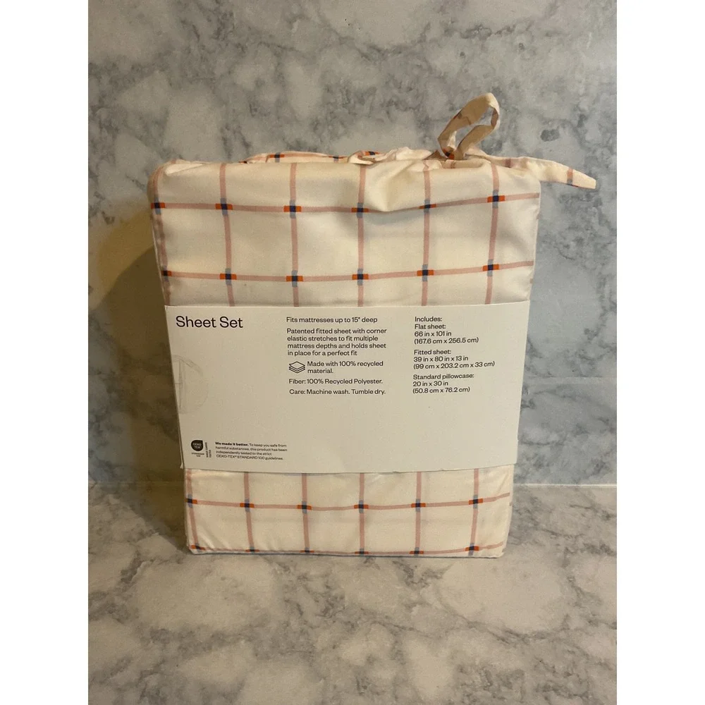 Room Essentials Twin XL Microfiber Sheet Set Pink Grid Plaid 3pc Bedding New